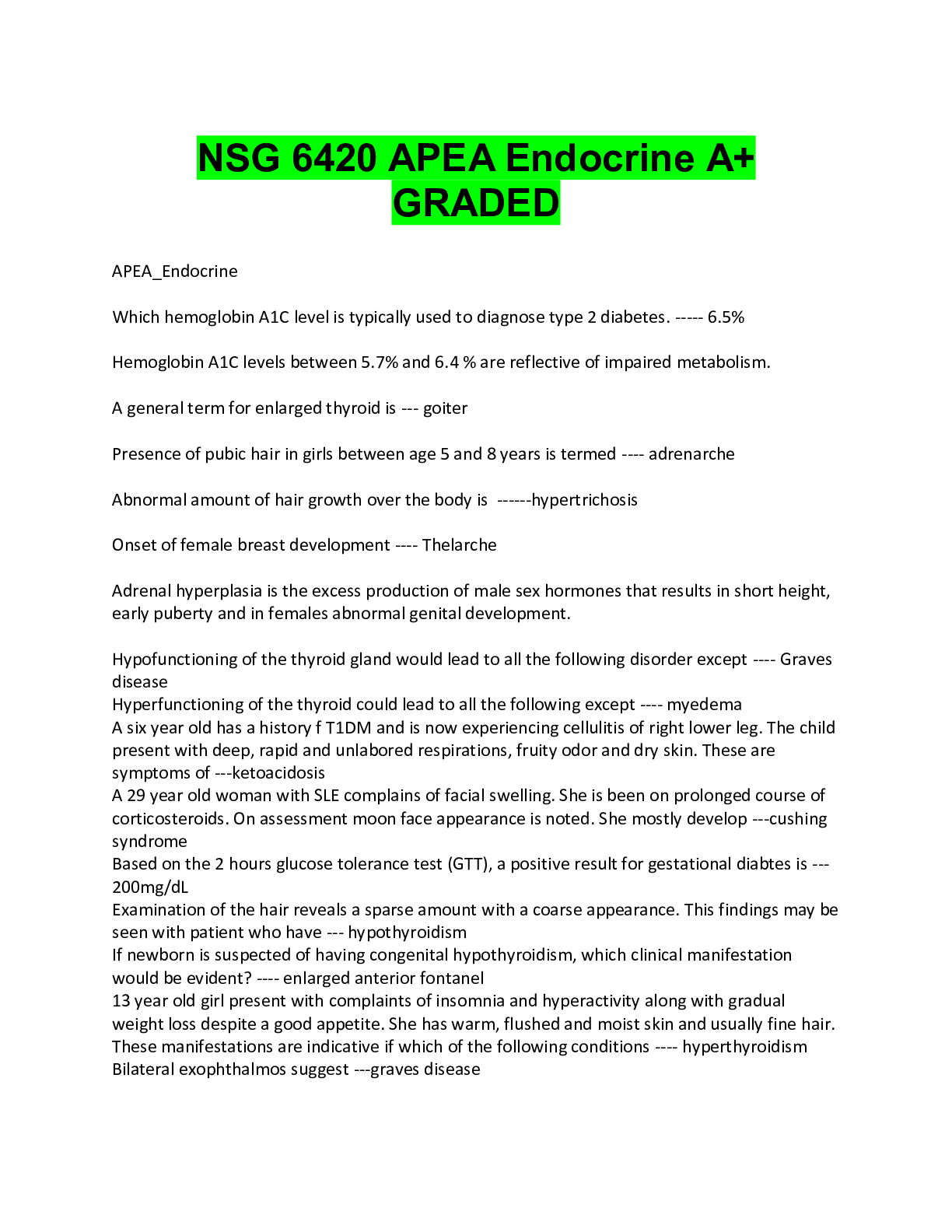 Preview image for NSG 6420 APEA Endocrine A+ GRADED